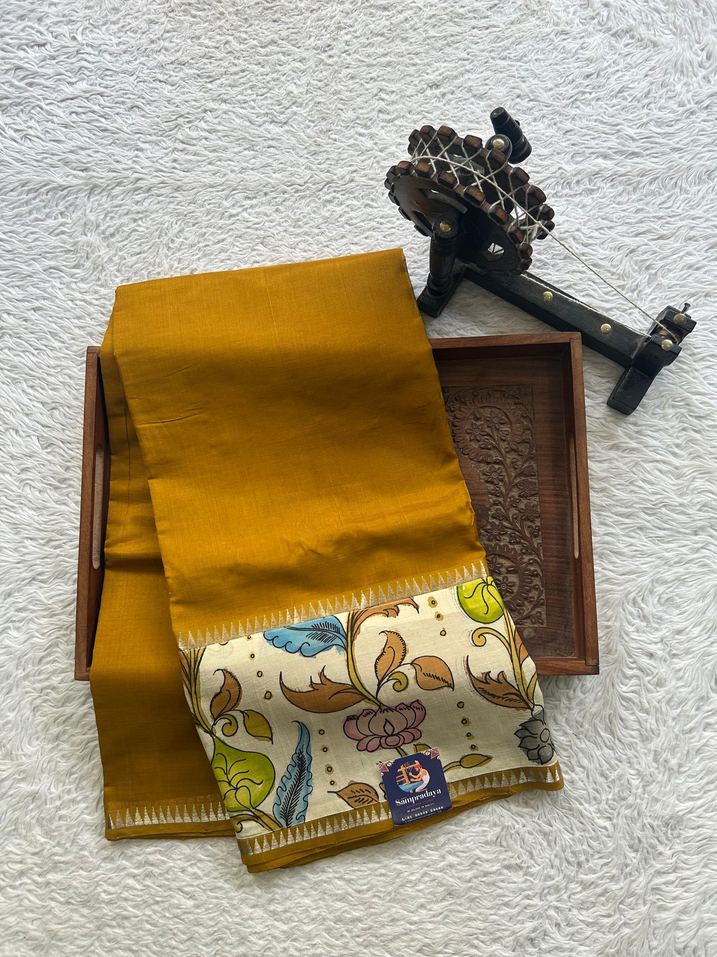 Mangalagiri Pen Kalamkari Saree Mustard Yellow colored complemented with a Zari border. - Sampradaya Designer Studio