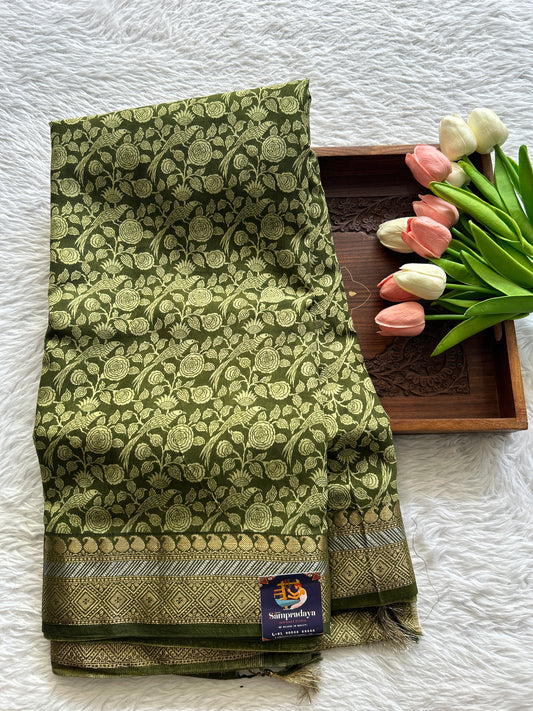 Dola Crepe Saree Green Colored Complemented with a Zari Border. - Sampradaya Designer Studio