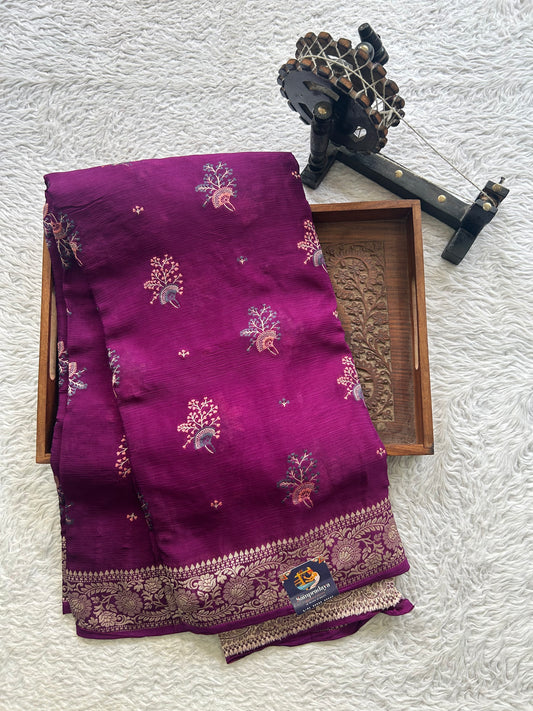 Semi Georgette Saree Purple Colored Elegantly Paired with Zari Border. - Sampradaya Designer Studio