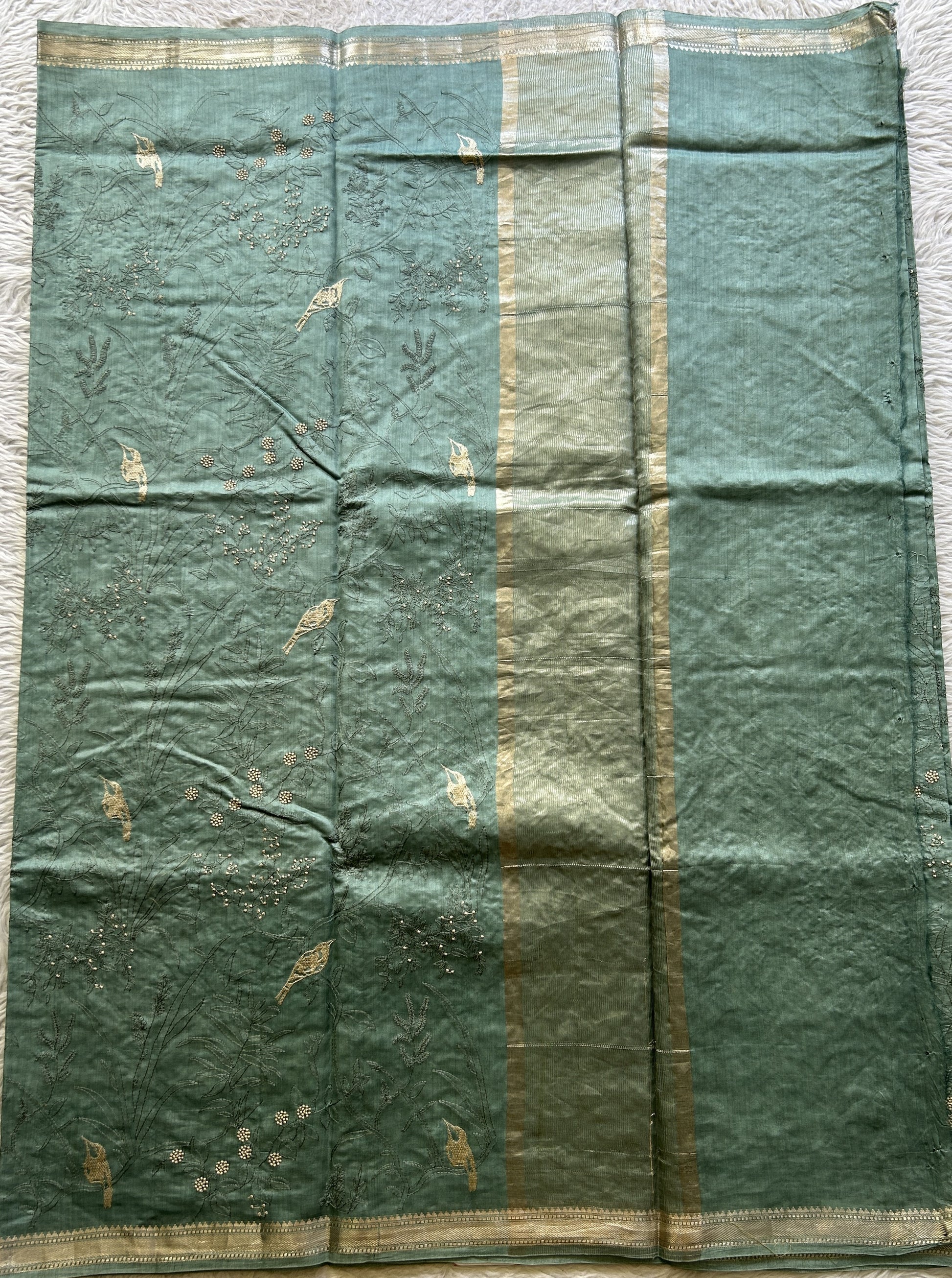 Chiniya Silk Saree Sea Green Colored Elegantly Paired with a Zari Border. - Sampradaya Designer Studio