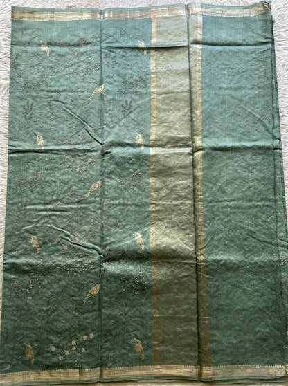 Chiniya Silk Saree Sea Green Colored Elegantly Paired with a Zari Border. - Sampradaya Designer Studio