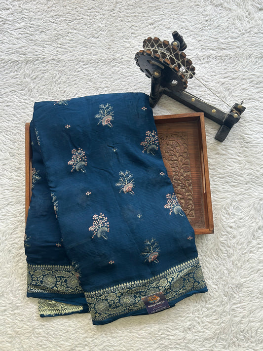 Semi Georgette Saree Ocean Blue Colored Elegantly Paired with Zari Border. - Sampradaya Designer Studio
