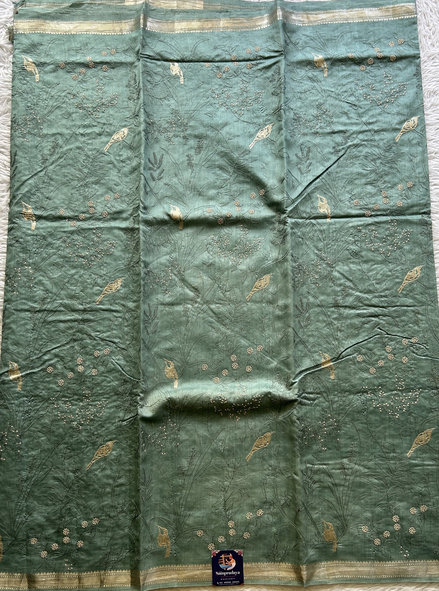 Chiniya Silk Saree Sea Green Colored Elegantly Paired with a Zari Border. - Sampradaya Designer Studio