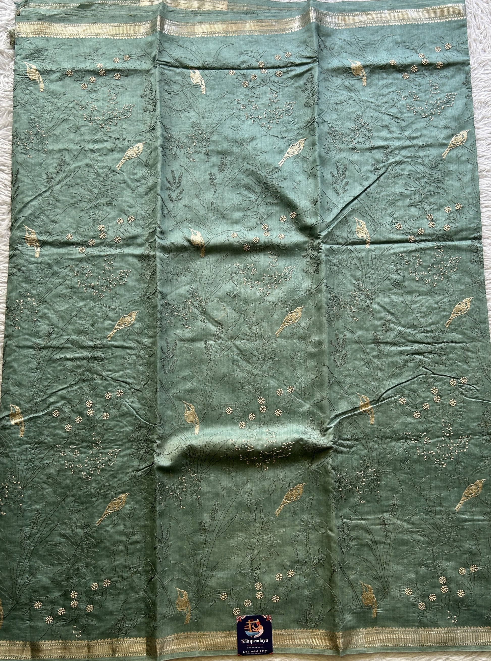 Chiniya Silk Saree Sea Green Colored Elegantly Paired with a Zari Border. - Sampradaya Designer Studio