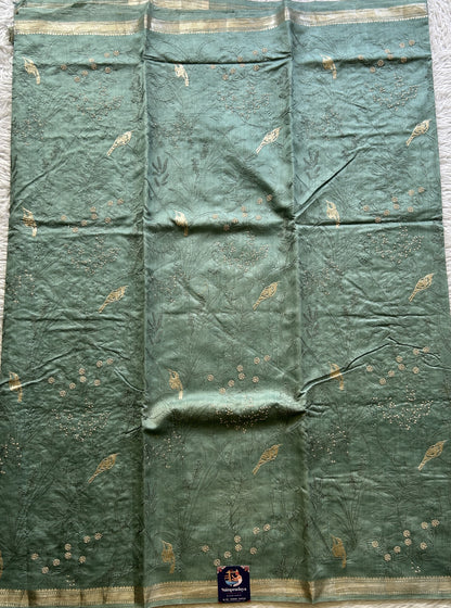 Chiniya Silk Saree Sea Green Colored Elegantly Paired with a Zari Border. - Sampradaya Designer Studio