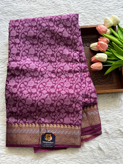 Dola Crepe Saree Dark Lavender Colored Complemented with a Zari Border. - Sampradaya Designer Studio