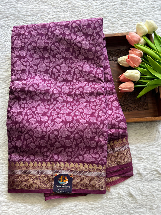 Dola Crepe Saree Dark Lavender Colored Complemented with a Zari Border. - Sampradaya Designer Studio