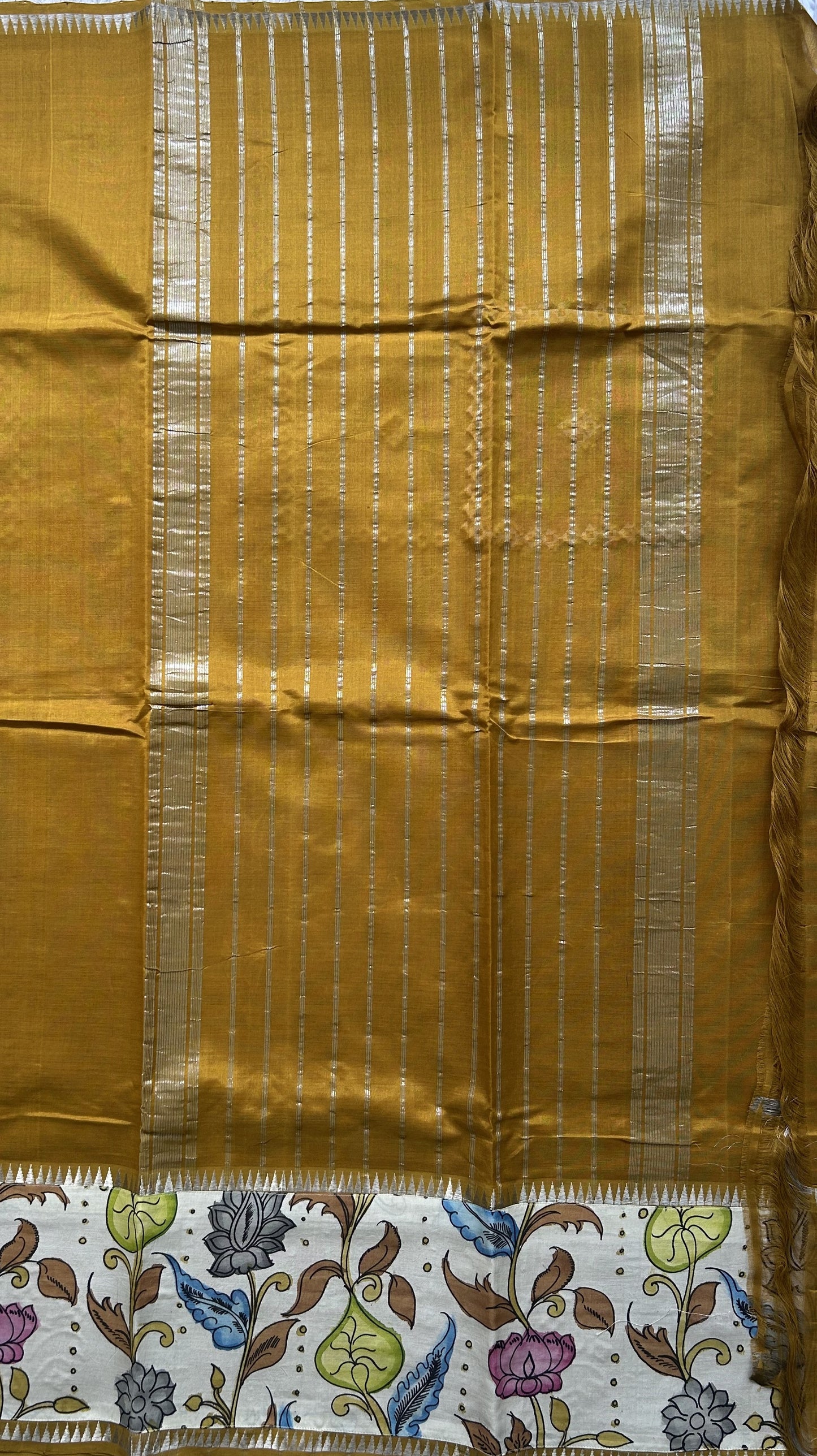 Mangalagiri Pen Kalamkari Saree Mustard Yellow colored complemented with a Zari border. - Sampradaya Designer Studio