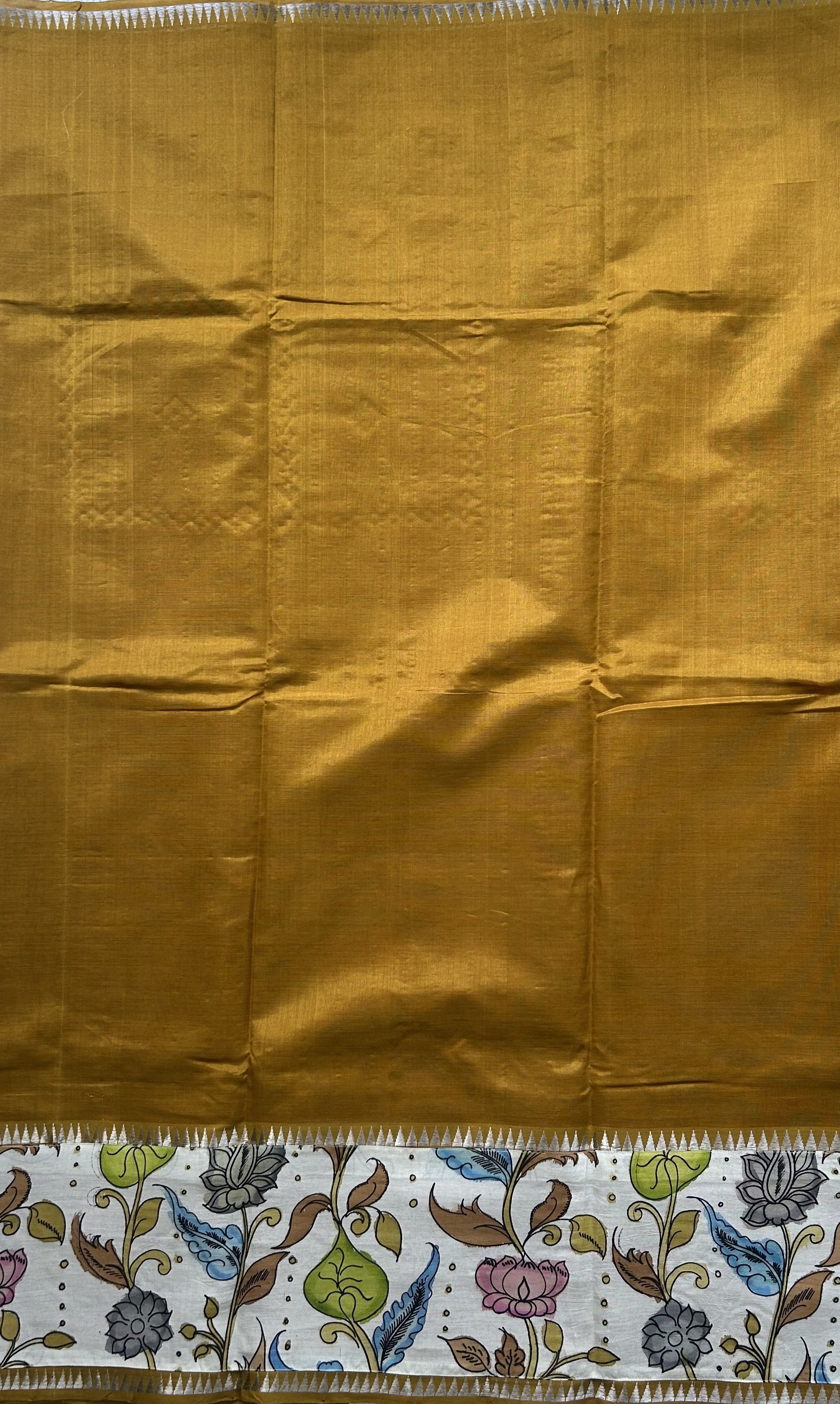 Mangalagiri Pen Kalamkari Saree Mustard Yellow colored complemented with a Zari border. - Sampradaya Designer Studio