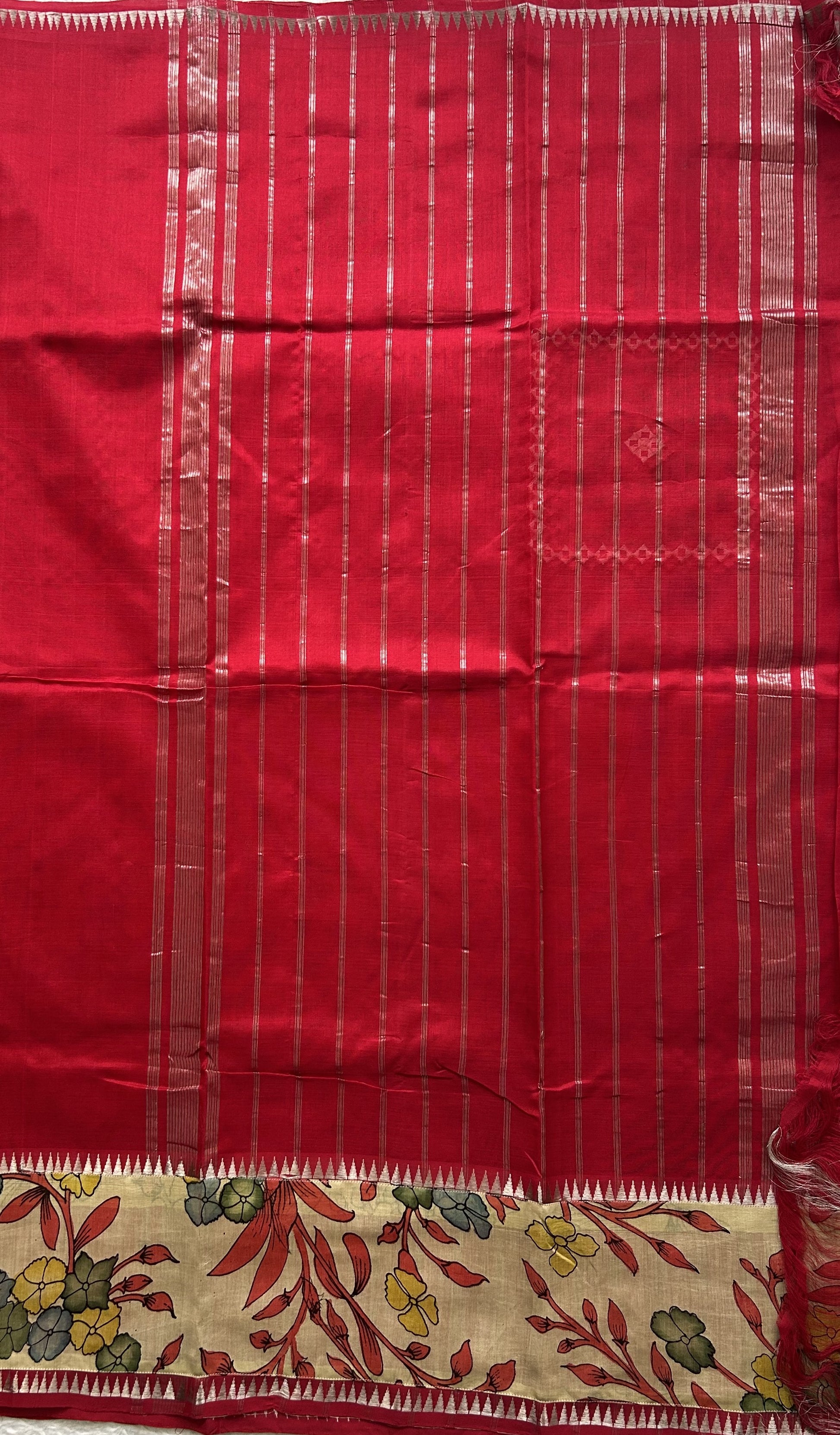 Mangalagiri Pen Kalamkari Saree Red colored complemented with a Zari border. - Sampradaya Designer Studio