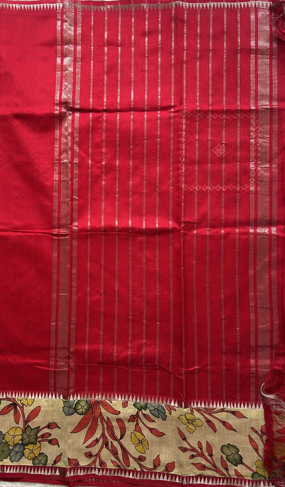 Mangalagiri Pen Kalamkari Saree Red colored complemented with a Zari border. - Sampradaya Designer Studio