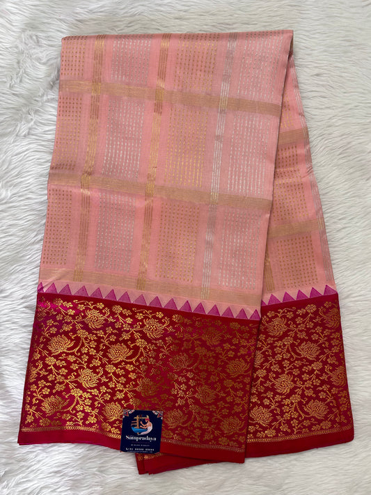 Venkatagiri Pattu Saree Light Peach Colored Complemented With a Pattu Pink Color Border - Sampradaya Designer Studio