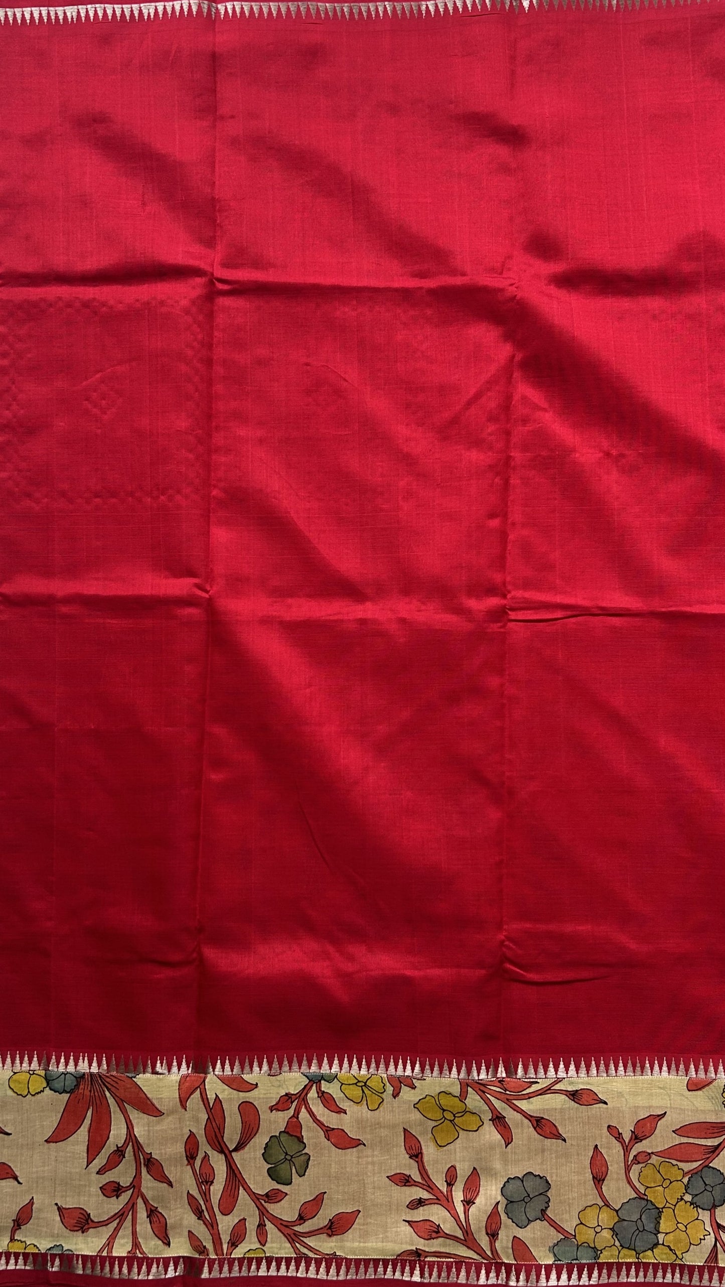 Mangalagiri Pen Kalamkari Saree Red colored complemented with a Zari border. - Sampradaya Designer Studio