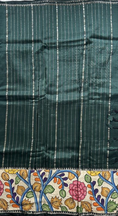 Mangalagiri Pen Kalamkari Saree Dark Green colored complemented with a Zari border. - Sampradaya Designer Studio