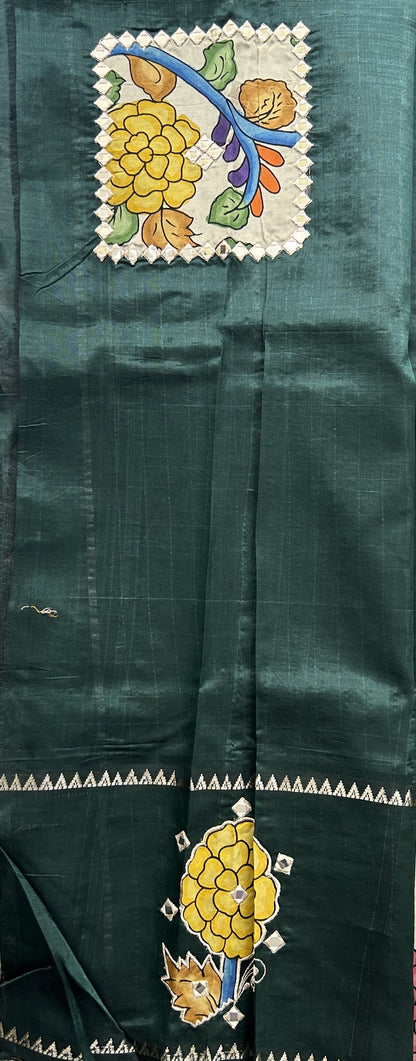 Mangalagiri Pen Kalamkari Saree Dark Green colored complemented with a Zari border. - Sampradaya Designer Studio
