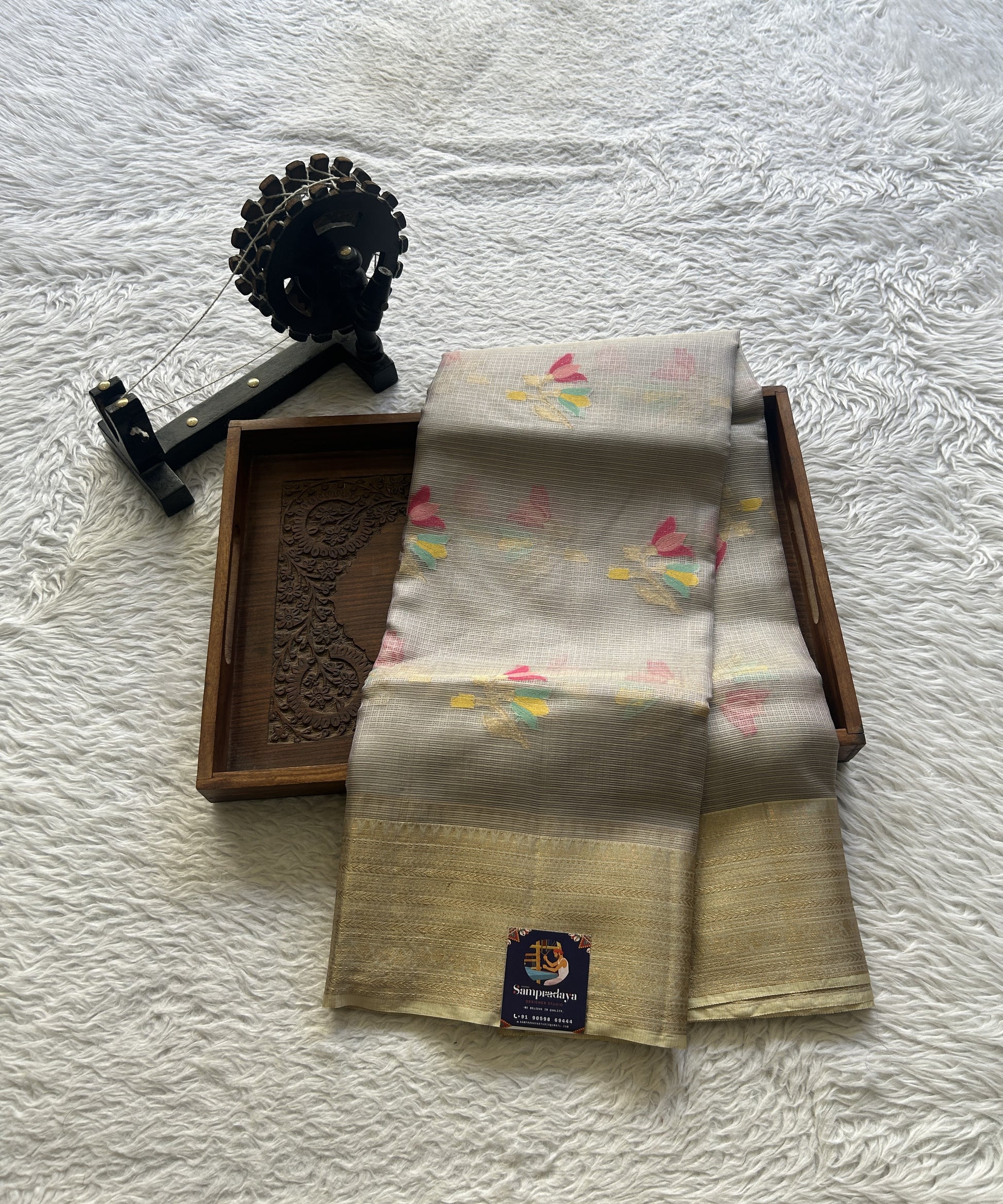 Silk kota Saree Light Gray colored Elegantly Paired with a Zari Border. - Sampradaya Designer Studio