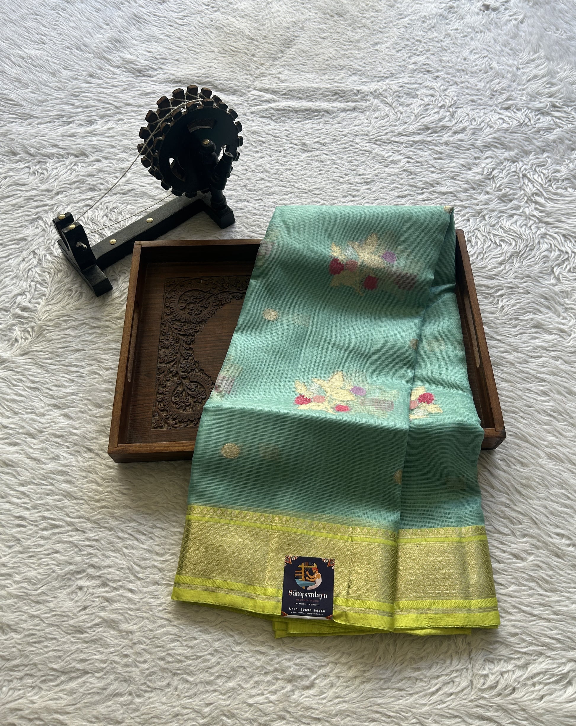 Silk kota Saree Sky Blue colored Elegantly Paired Yellow Color with a Zari Border. - Sampradaya Designer Studio