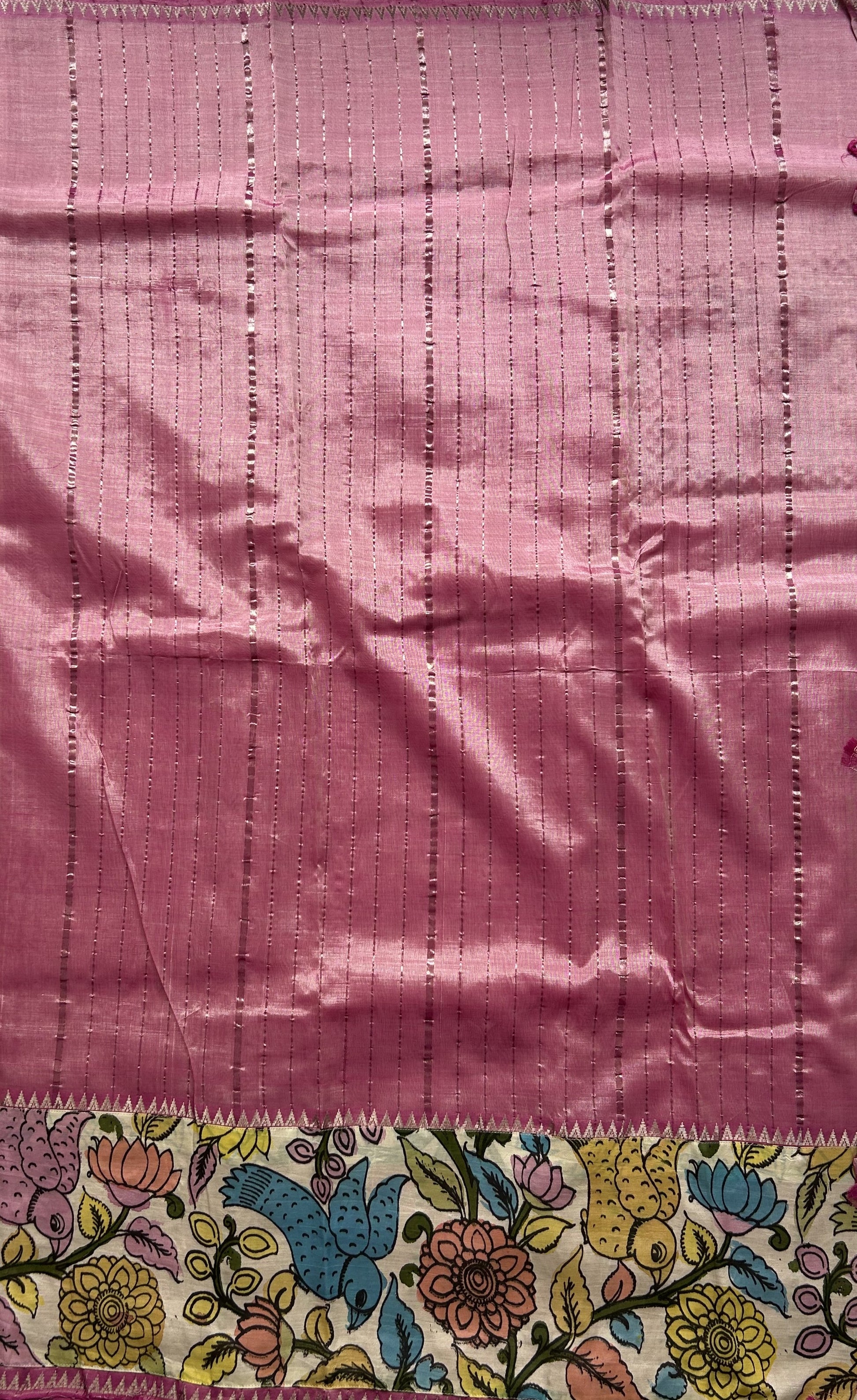 Mangalagiri Pen Kalamkari Saree Baby Pink colored complemented with a Zari border. - Sampradaya Designer Studio