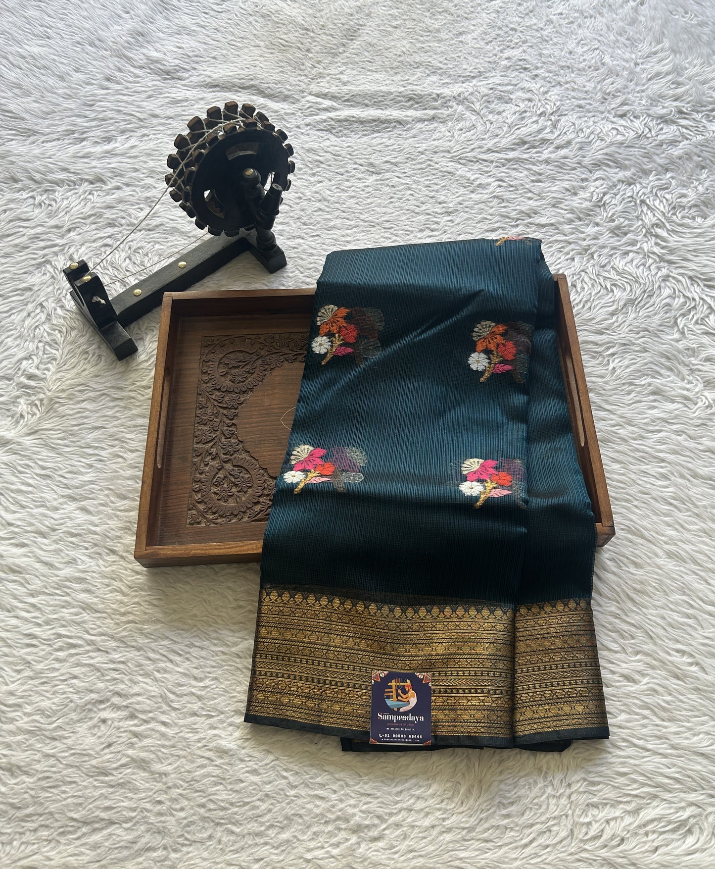 Silk kota Saree Dark Teal Blue colored Elegantly Paired with a Zari Border. - Sampradaya Designer Studio