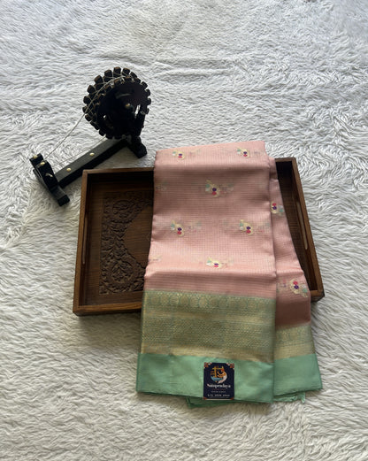 Silk kota Saree Baby Pink colored Elegantly Paired Sea Green with a Zari Border. - Sampradaya Designer Studio