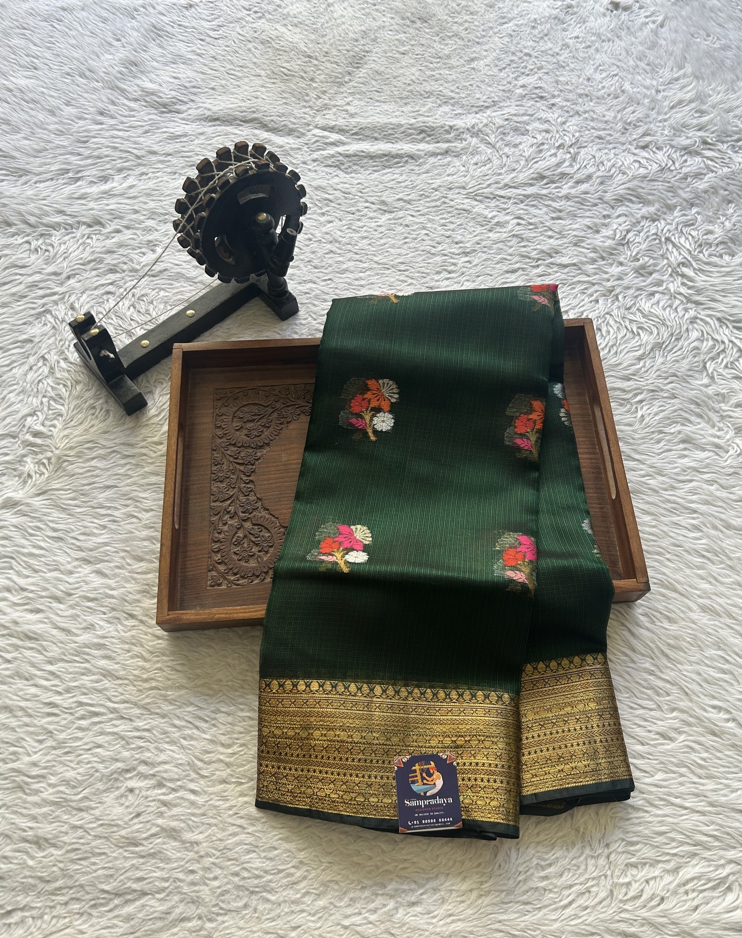 Silk kota Saree Dark Green colored Elegantly Paired with a Zari Border. - Sampradaya Designer Studio