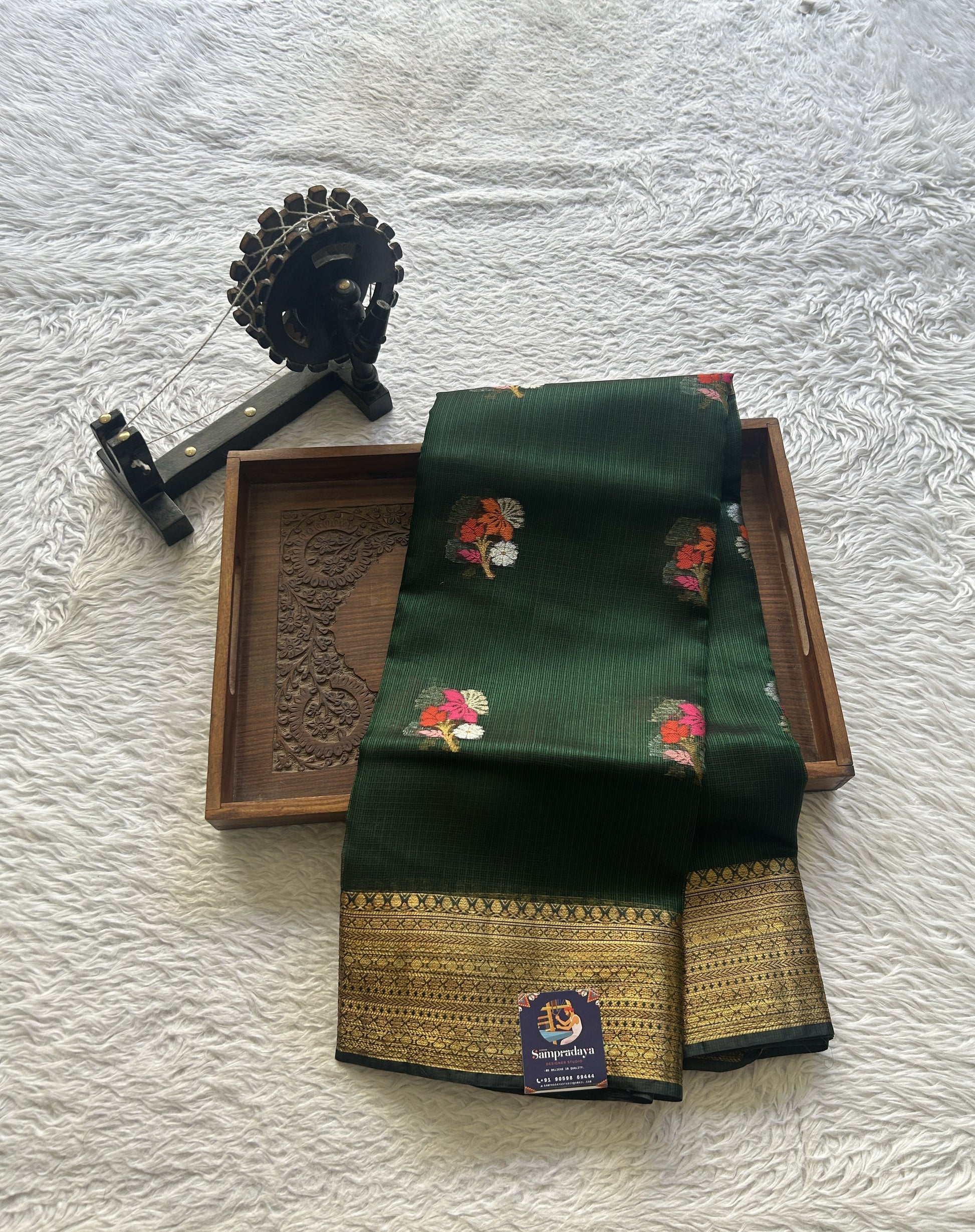 Silk kota Saree Dark Green colored Elegantly Paired with a Zari Border. - Sampradaya Designer Studio