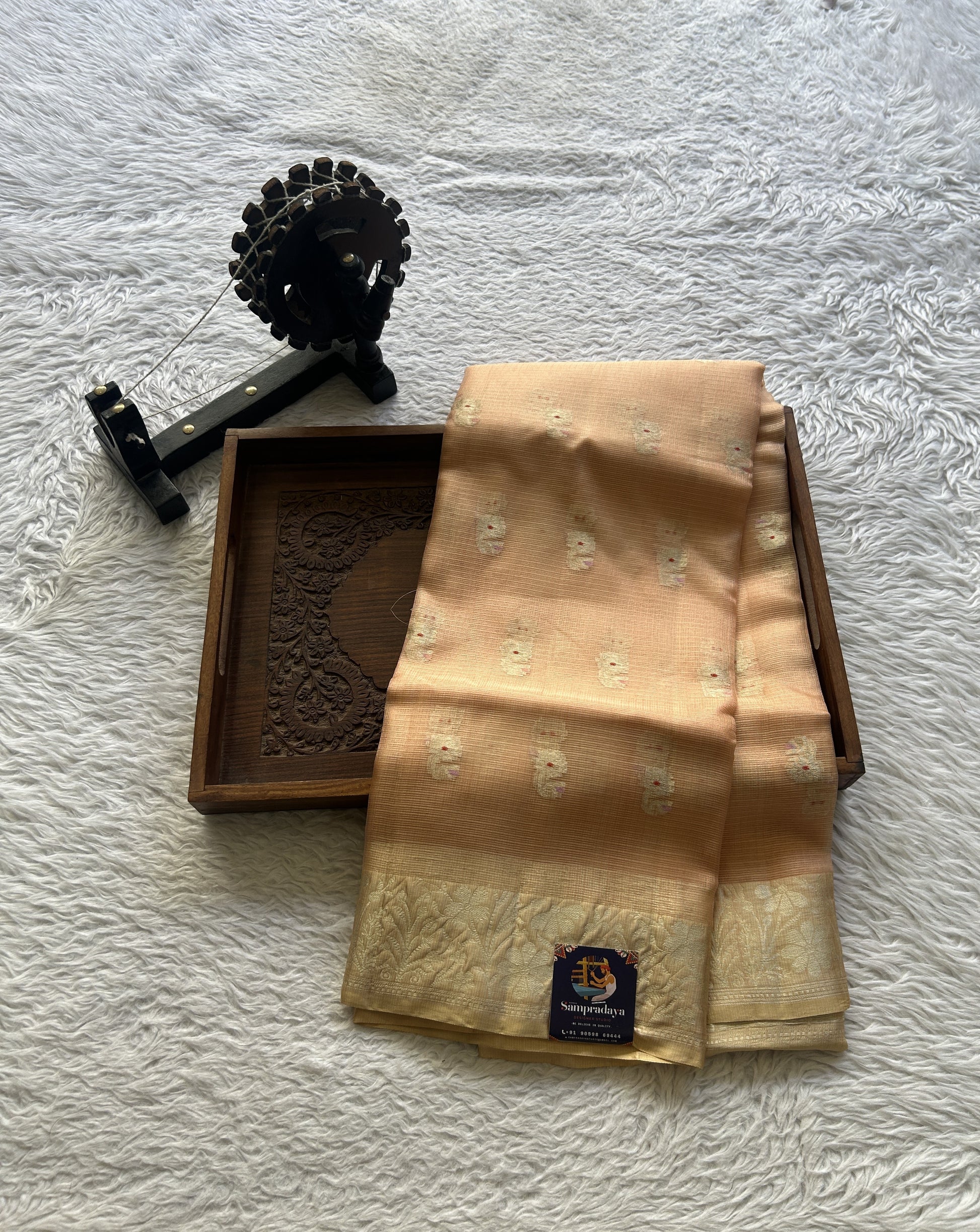 Silk kota Saree Peach colored Elegantly Paired with a Zari Border. - Sampradaya Designer Studio