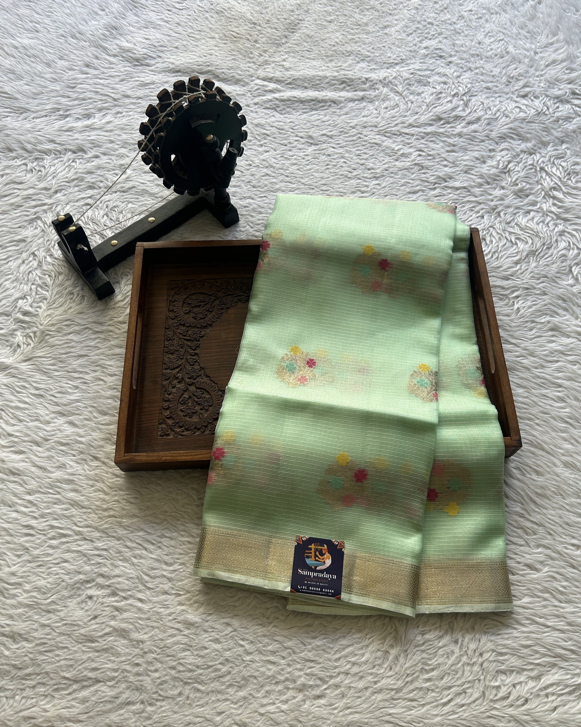 Silk kota Saree Mint Green colored Elegantly Paired with a Zari Border. - Sampradaya Designer Studio