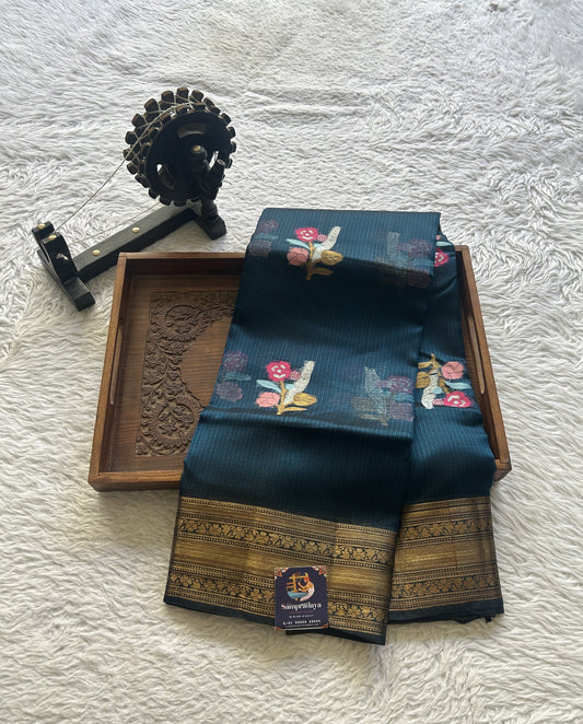 Silk kota Saree Peacock Blue colored Elegantly Paired with a Zari Border. - Sampradaya Designer Studio