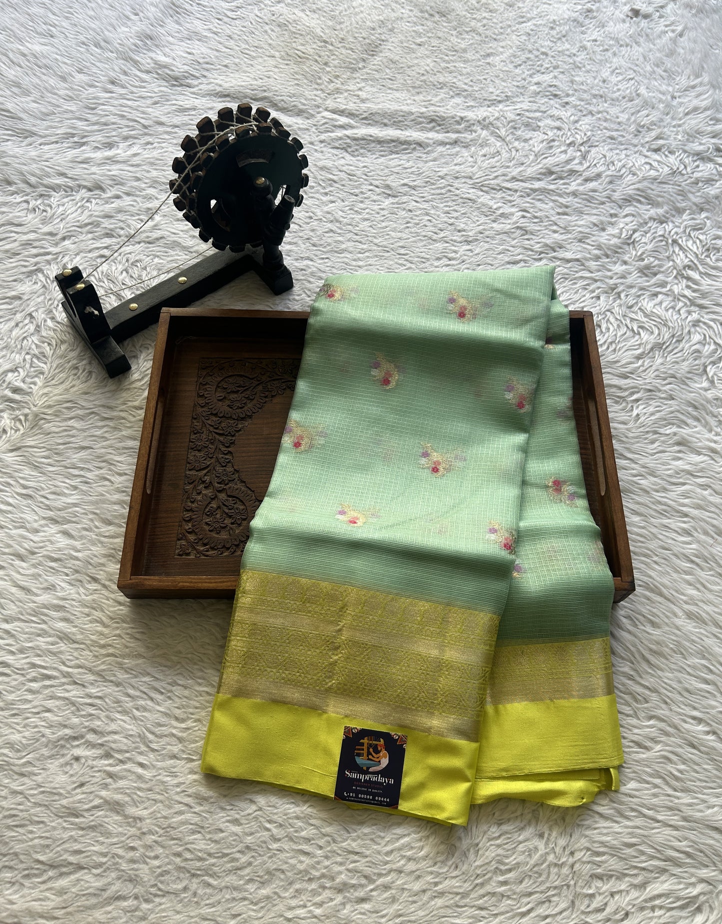 Silk kota Saree Seafoam Green colored Elegantly Paired Yellow Color with a Zari Border. - Sampradaya Designer Studio