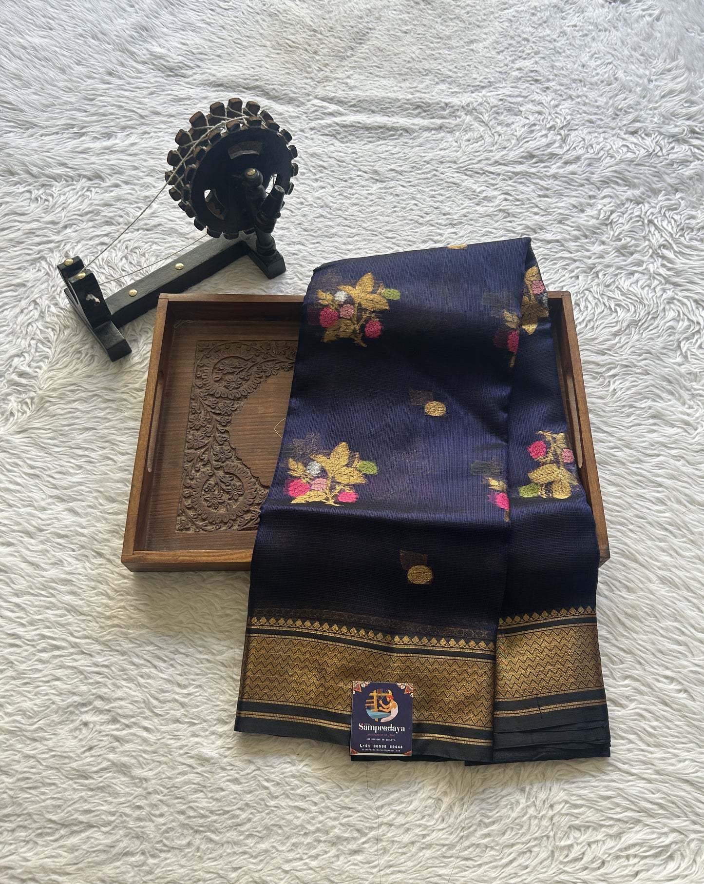 Silk kota Saree Navy Blue colored Elegantly Paired with a Zari Border. - Sampradaya Designer Studio