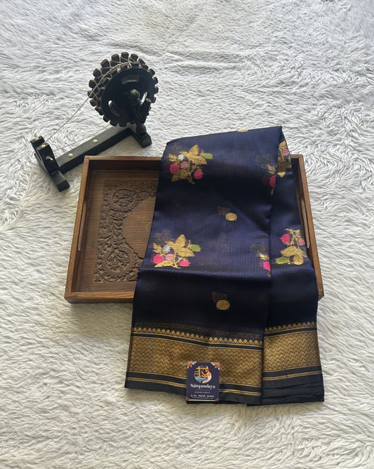 Silk kota Saree Navy Blue colored Elegantly Paired with a Zari Border. - Sampradaya Designer Studio