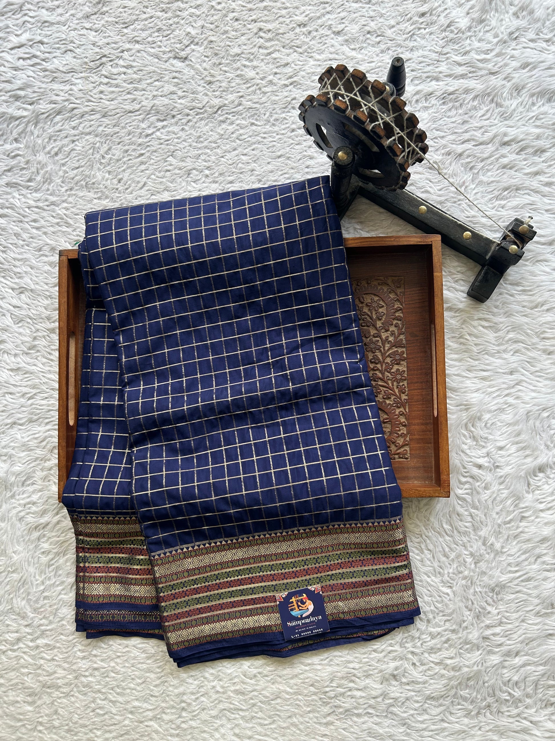 Pure Banarasi Crepe Silk Saree Blue Colored Complemented with a Zari border. - Sampradaya Designer Studio