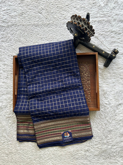 Pure Banarasi Crepe Silk Saree Blue Colored Complemented with a Zari border. - Sampradaya Designer Studio