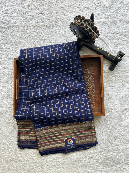 Pure Banarasi Crepe Silk Saree Blue Colored Complemented with a Zari border. - Sampradaya Designer Studio