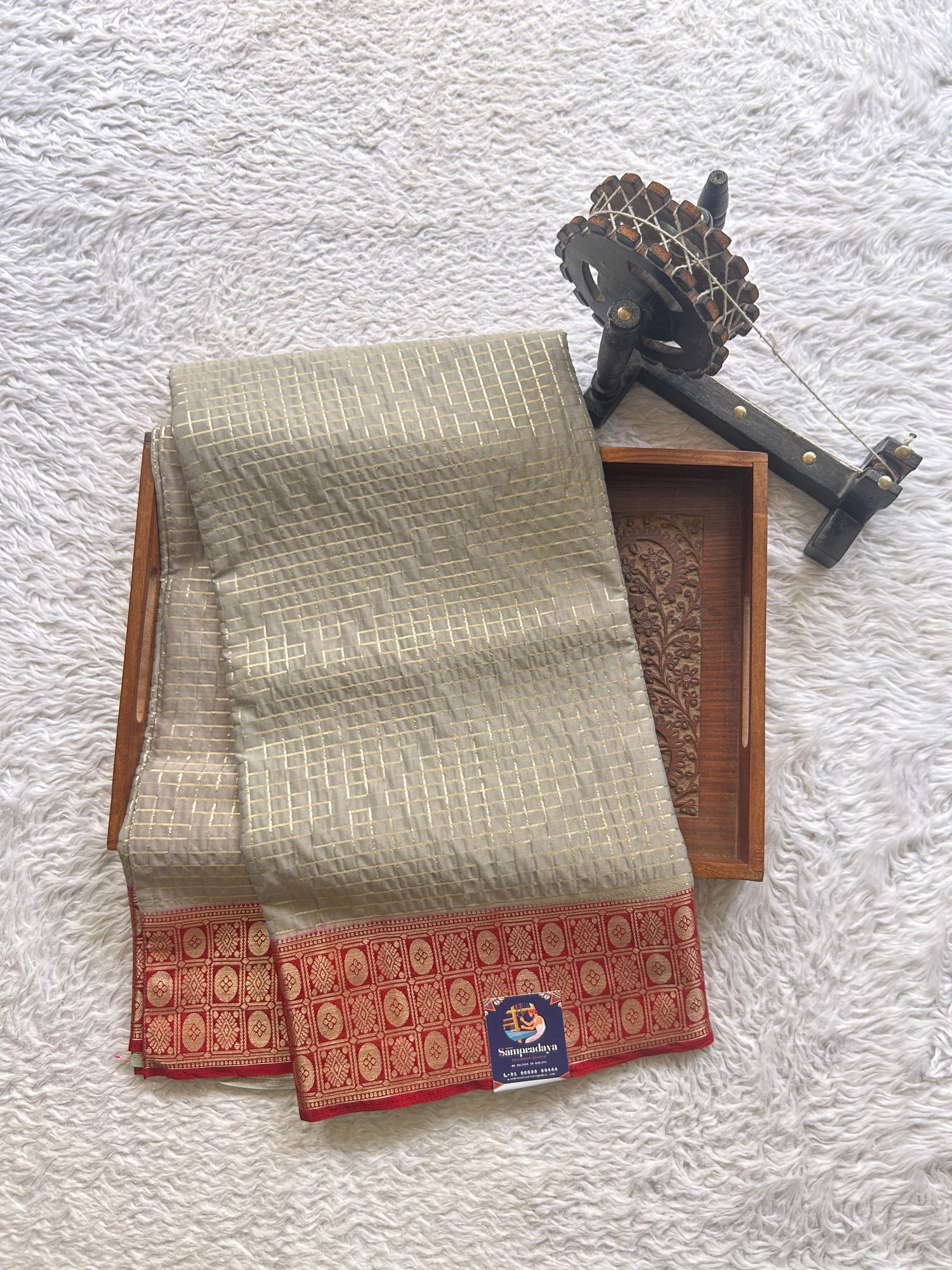 Pure Banarasi Crepe Silk Saree Grey Colored Complemented with a Zari border. - Sampradaya Designer Studio