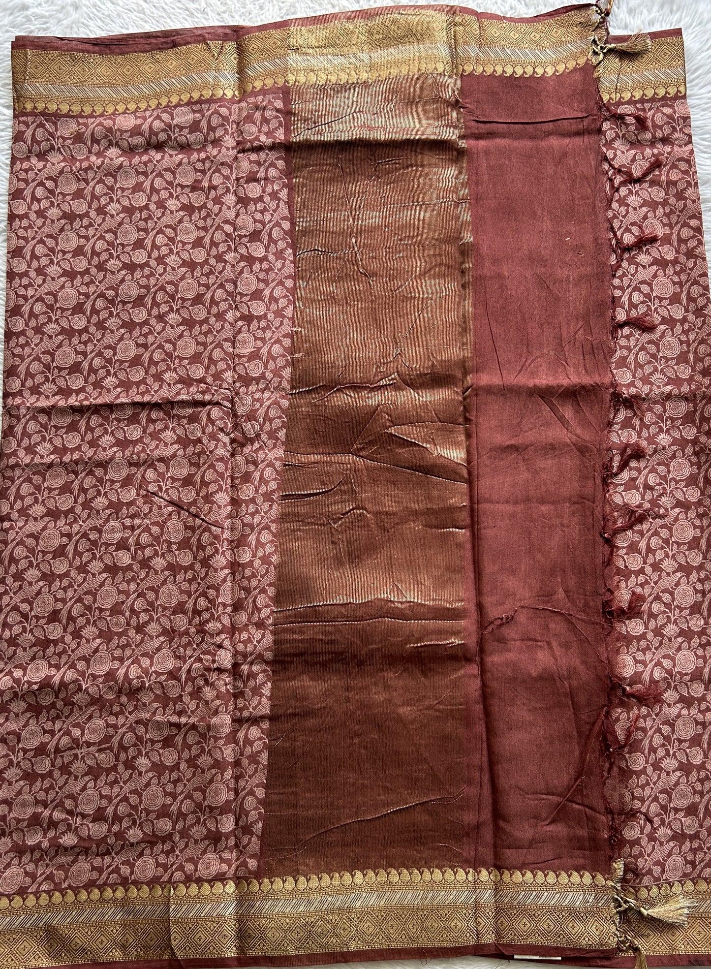 Dola Crepe Saree Brown Colored Complemented with a Zari Border. - Sampradaya Designer Studio