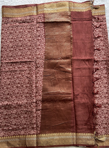 Dola Crepe Saree Brown Colored Complemented with a Zari Border. - Sampradaya Designer Studio
