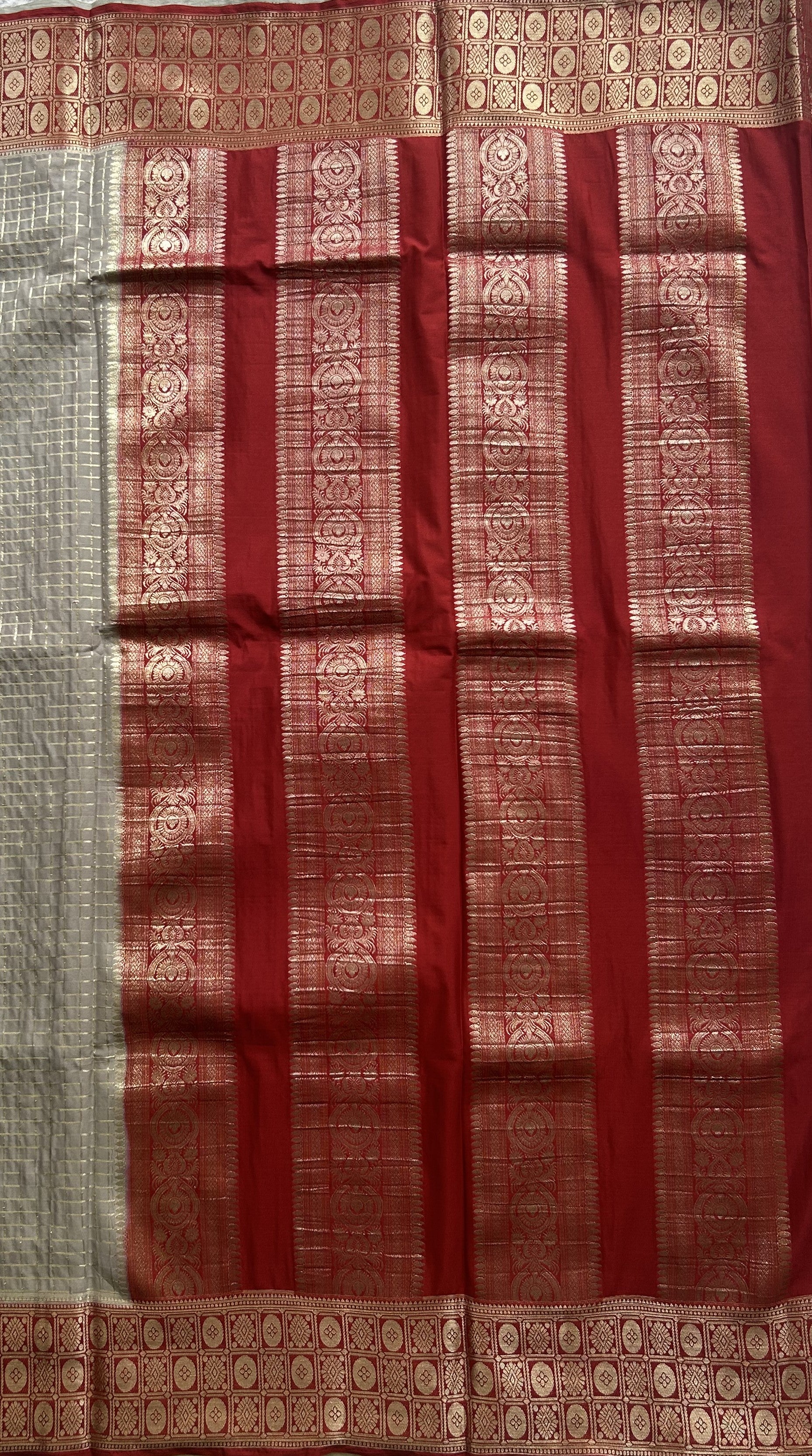 Pure Banarasi Crepe Silk Saree Grey Colored Complemented with a Zari border. - Sampradaya Designer Studio