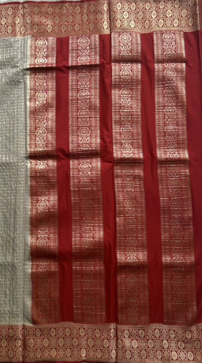 Pure Banarasi Crepe Silk Saree Grey Colored Complemented with a Zari border. - Sampradaya Designer Studio