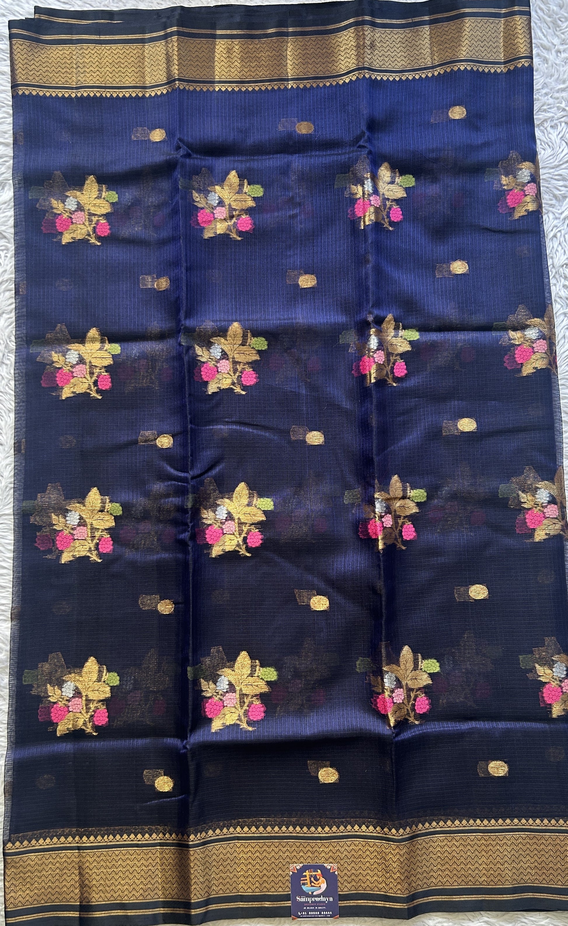 Silk kota Saree Navy Blue colored Elegantly Paired with a Zari Border. - Sampradaya Designer Studio