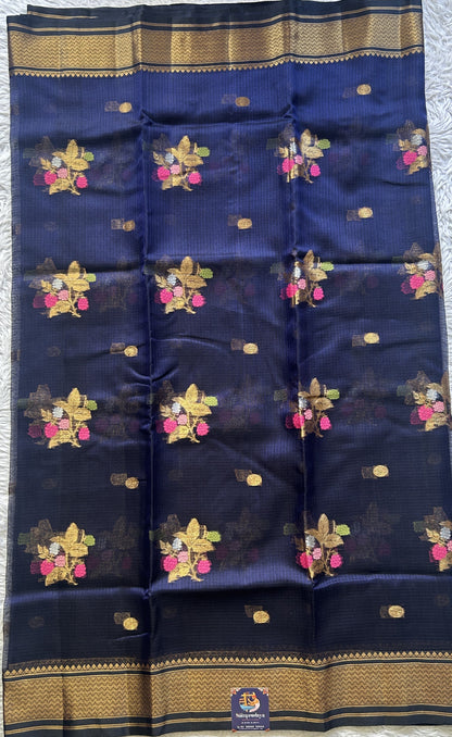 Silk kota Saree Navy Blue colored Elegantly Paired with a Zari Border. - Sampradaya Designer Studio