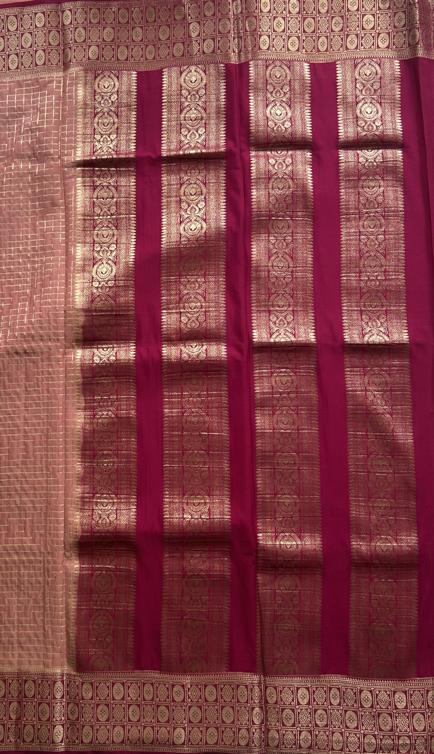 Pure Banarasi Crepe Silk Saree Peach Colored Complemented with Zari border. - Sampradaya Designer Studio