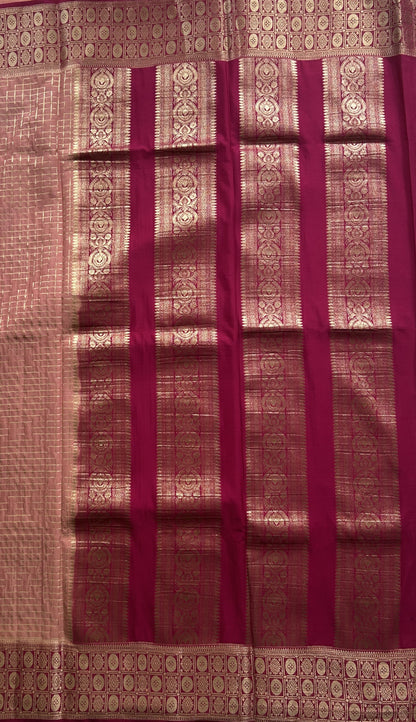 Pure Banarasi Crepe Silk Saree Peach Colored Complemented with Zari border. - Sampradaya Designer Studio