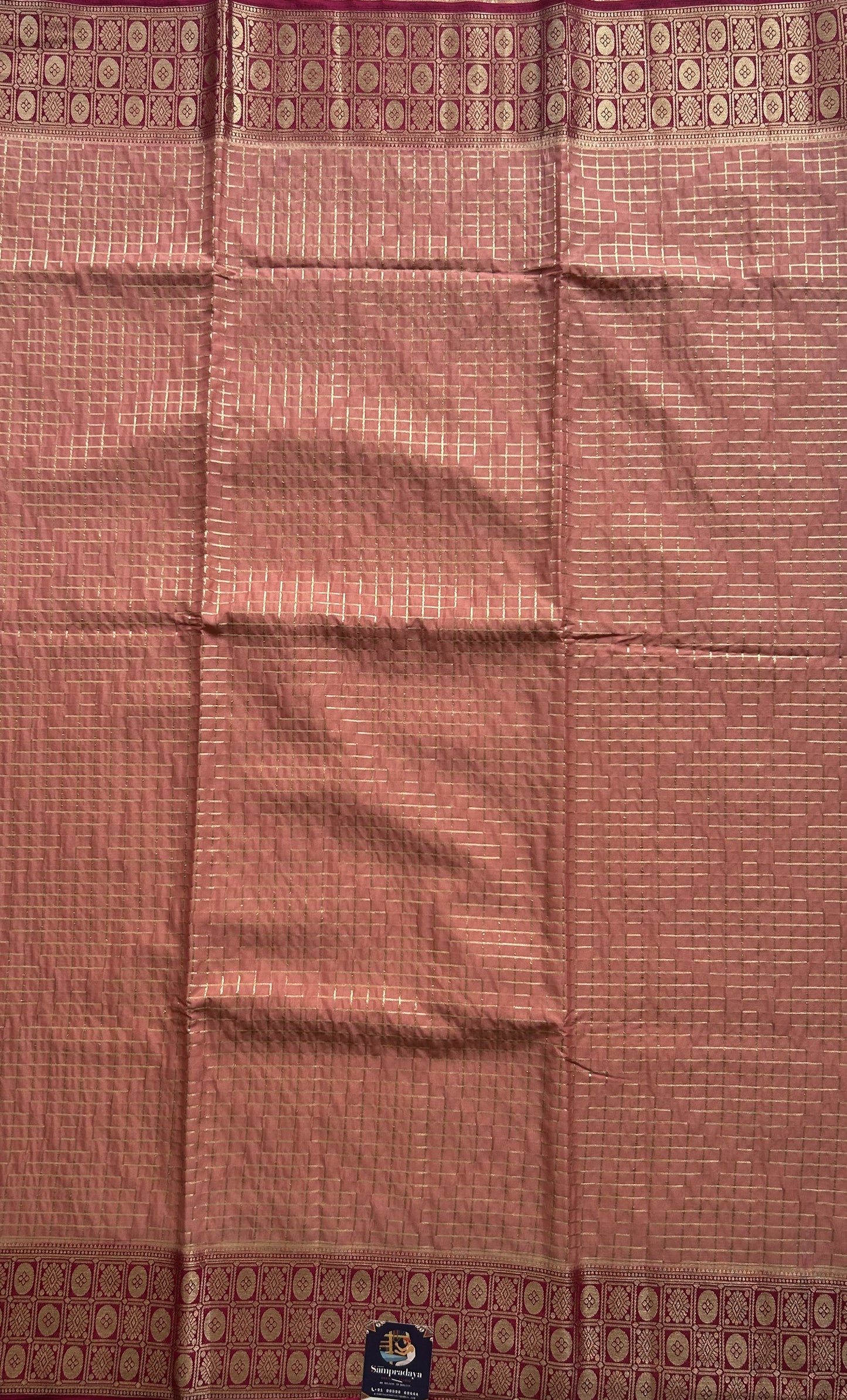 Pure Banarasi Crepe Silk Saree Peach Colored Complemented with Zari border. - Sampradaya Designer Studio