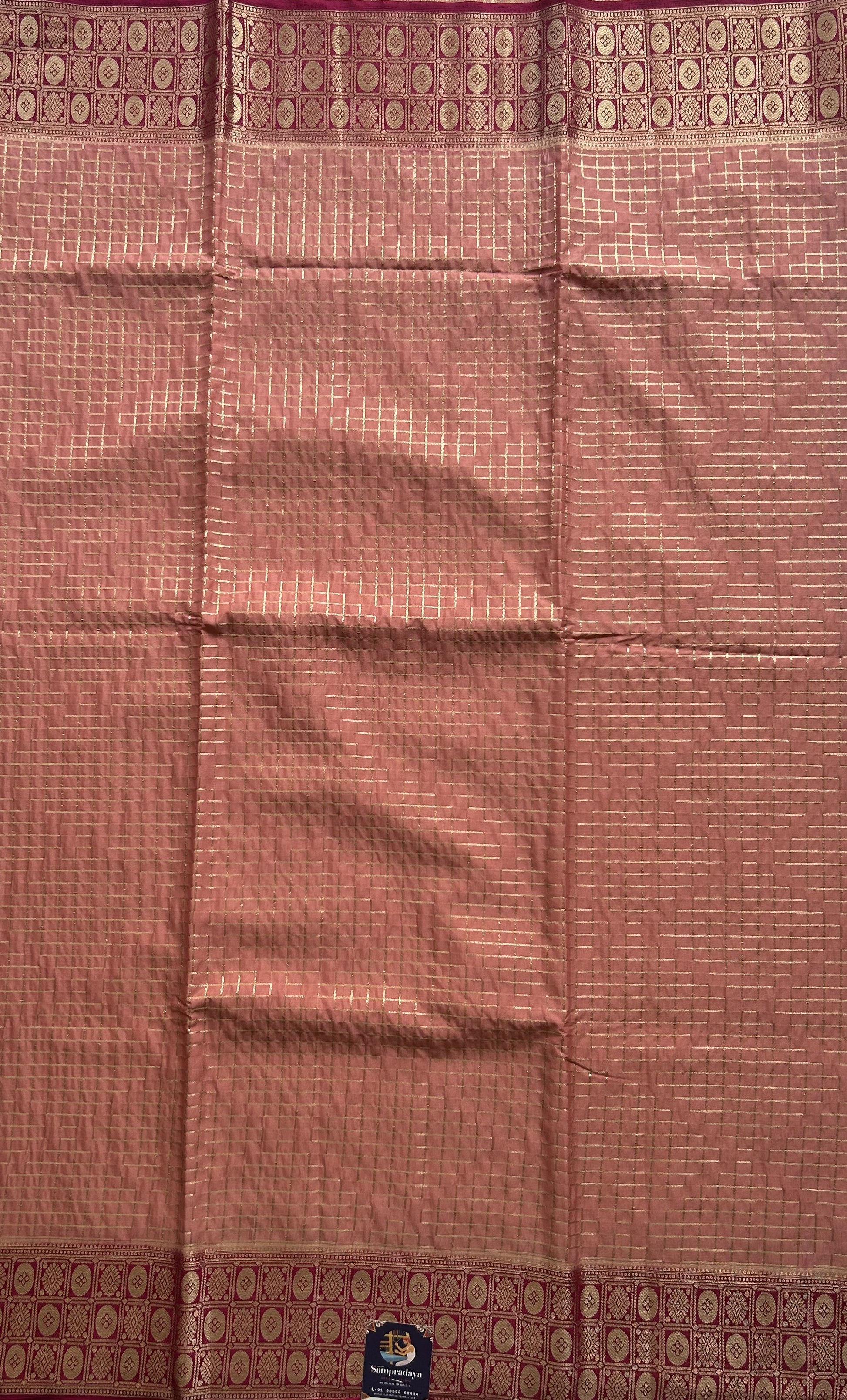 Pure Banarasi Crepe Silk Saree Peach Colored Complemented with Zari border. - Sampradaya Designer Studio