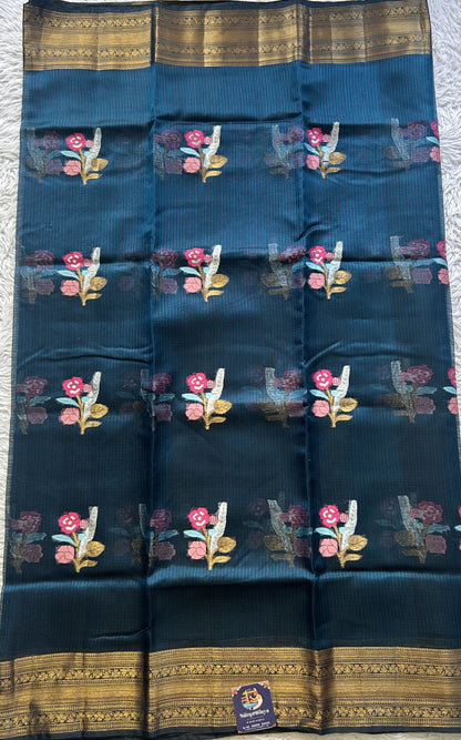 Silk kota Saree Peacock Blue colored Elegantly Paired with a Zari Border. - Sampradaya Designer Studio