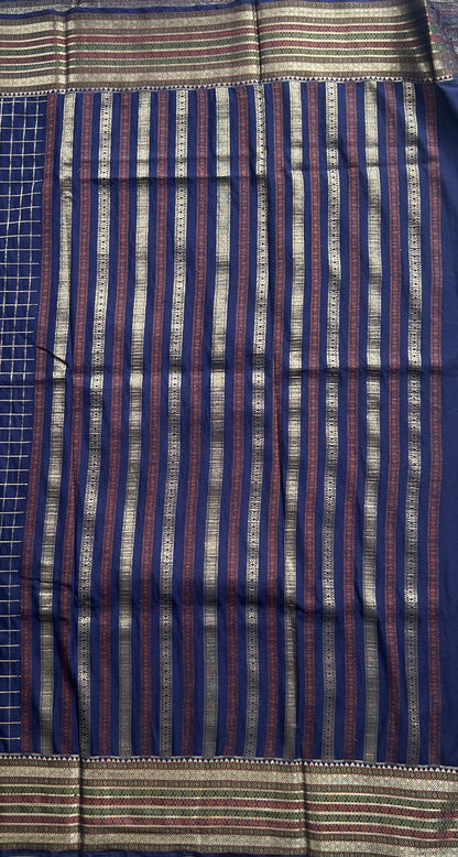 Pure Banarasi Crepe Silk Saree Blue Colored Complemented with a Zari border. - Sampradaya Designer Studio