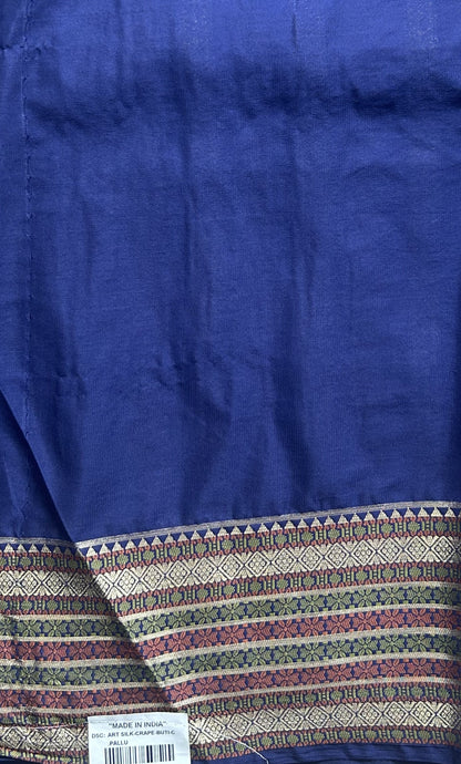 Pure Banarasi Crepe Silk Saree Blue Colored Complemented with a Zari border. - Sampradaya Designer Studio