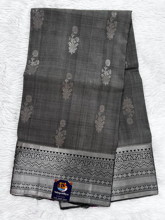 Venkatagiri Pattu Saree Fuscous Grey Colored Complemented With a Pattu Black and Silver Zari Weaving Border - Sampradaya Designer Studio